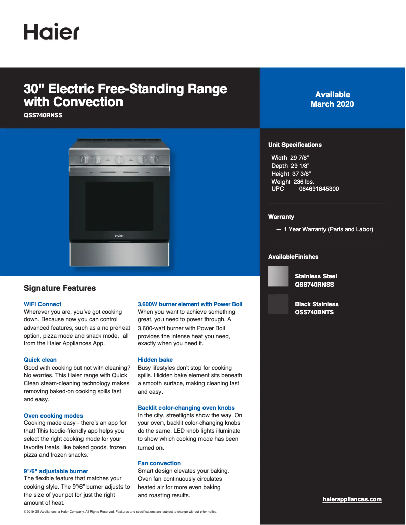 Page 1 of the manual Technical Sheet Haier QSS740RNSS