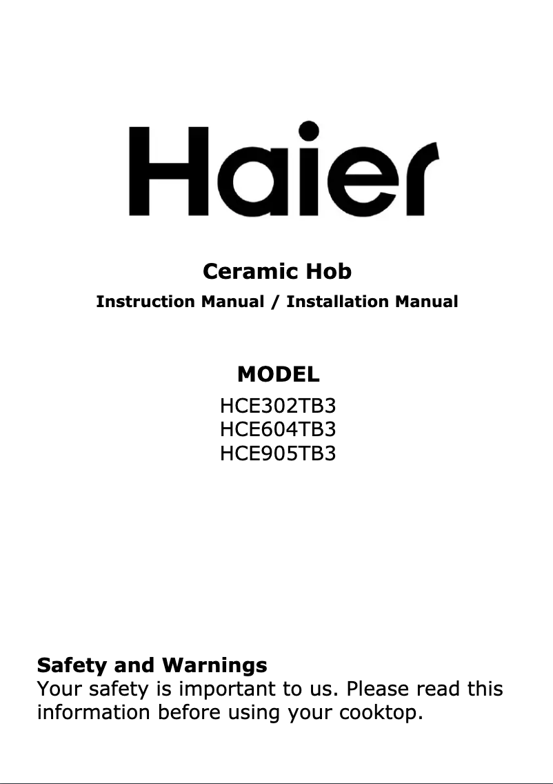 Page 1 of the manual Installation Guide Haier HCE905TB3