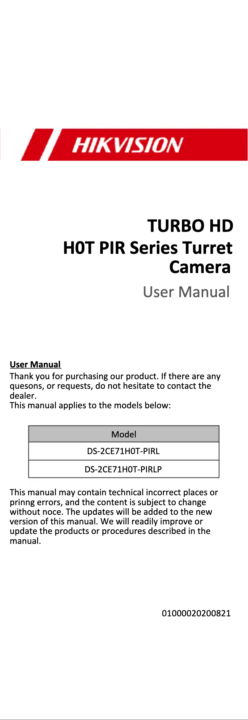 First page image of the manual for DS-2CE71H0T-PIRL