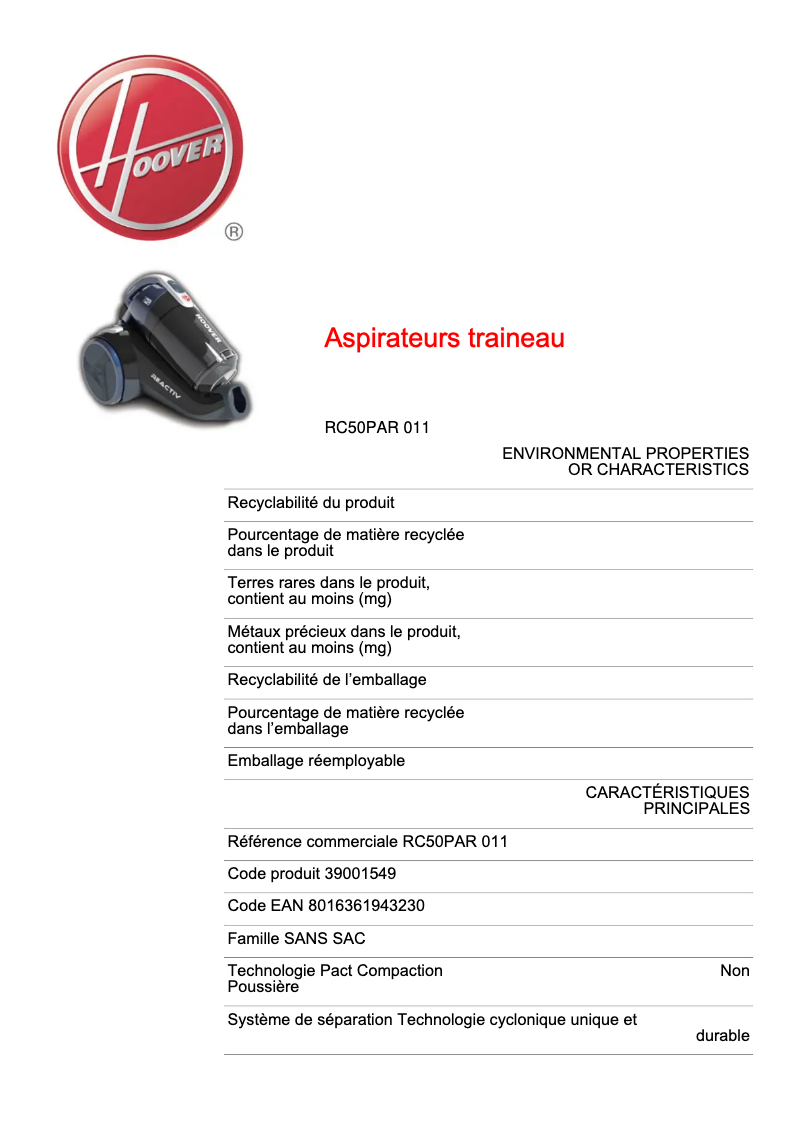 First page image of the manual for REACTIV RC50PAR 011