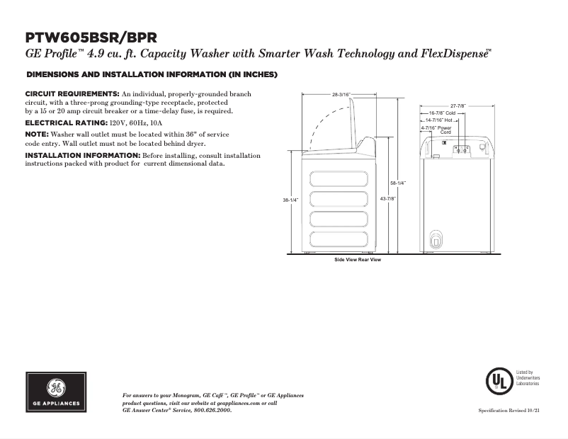 Page 1 of the manual Technical Sheet GE Profile PTW605BPRDG