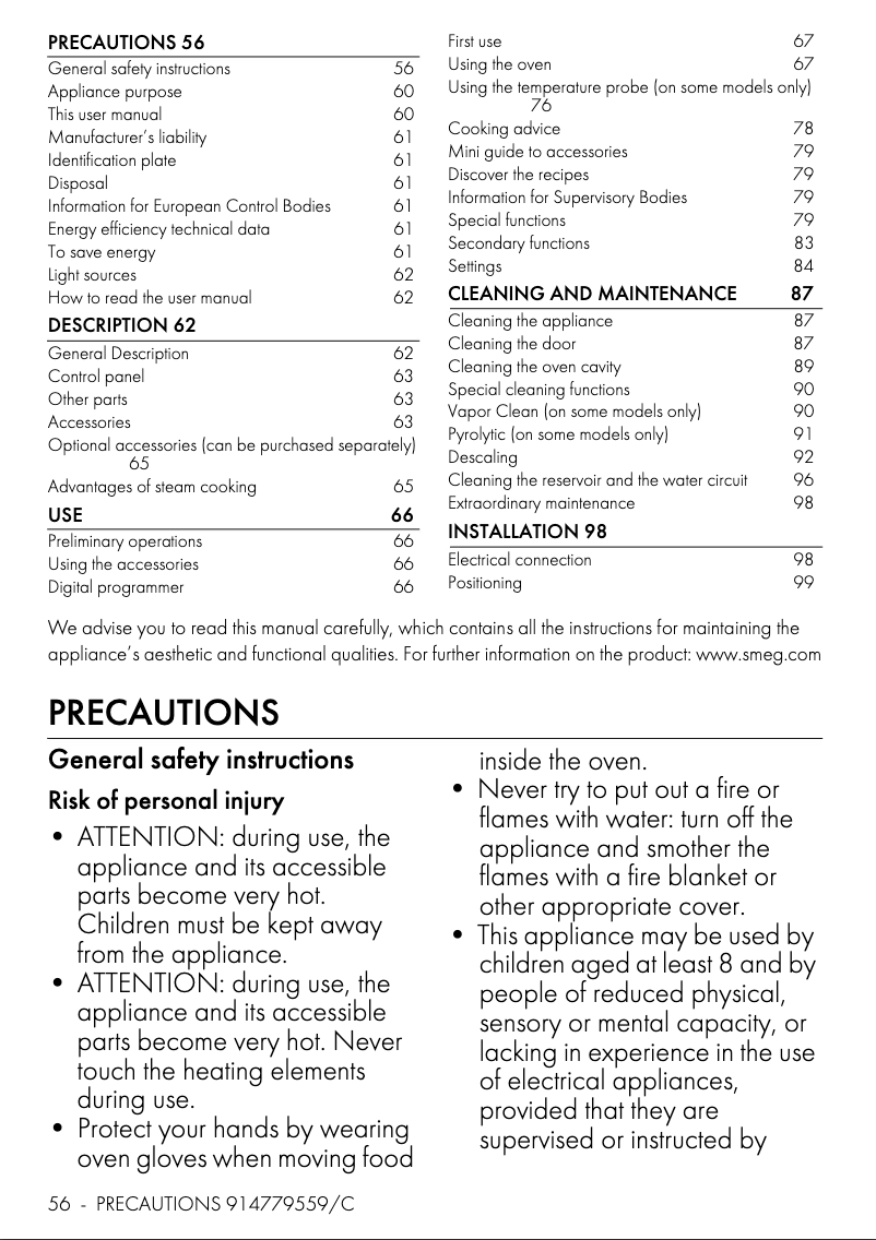 Page 1 of the manual Brochure Smeg SO6302S3PX