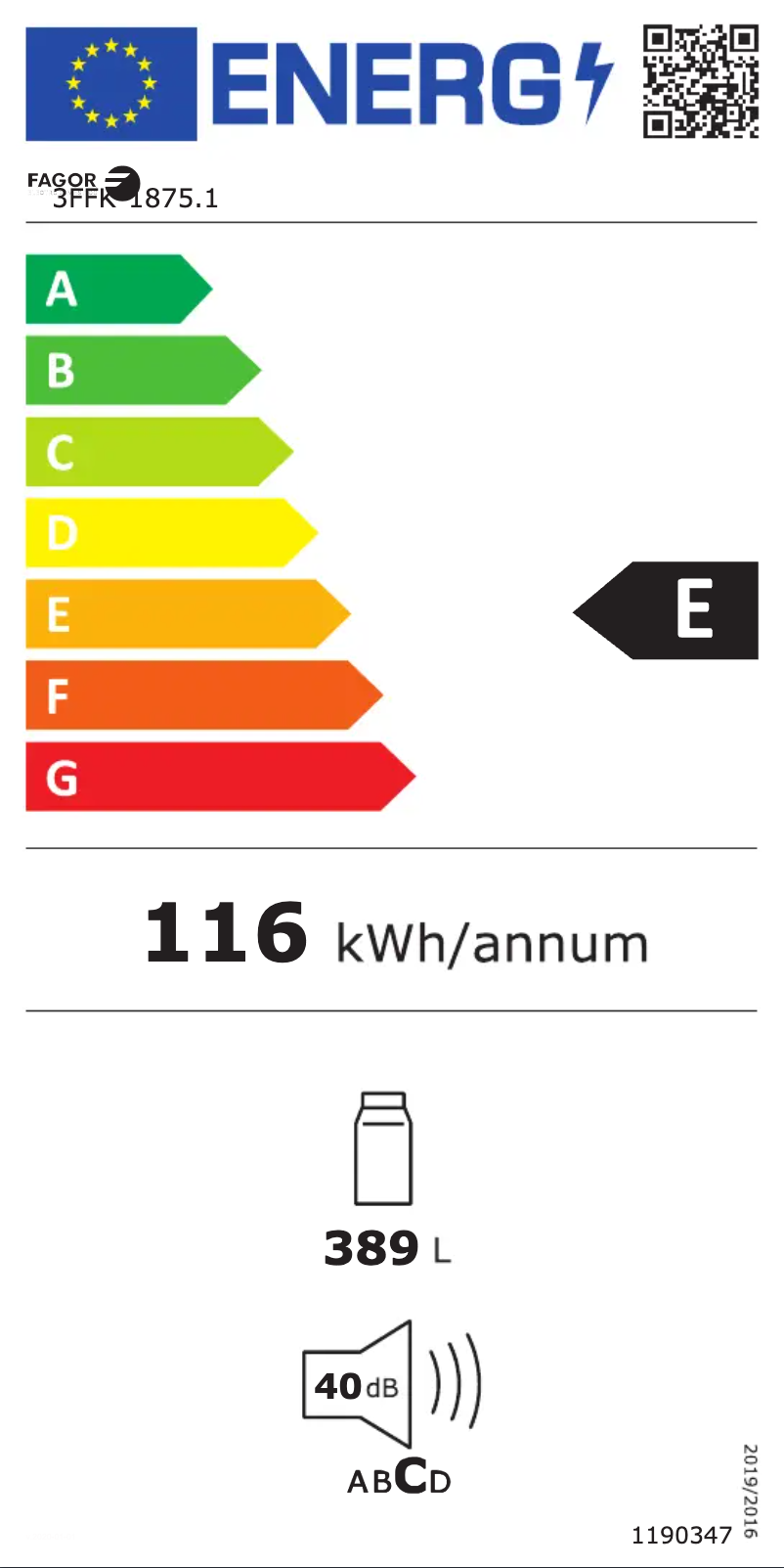 Page 1 of the manual Energy Label Fagor 3FFK-1875