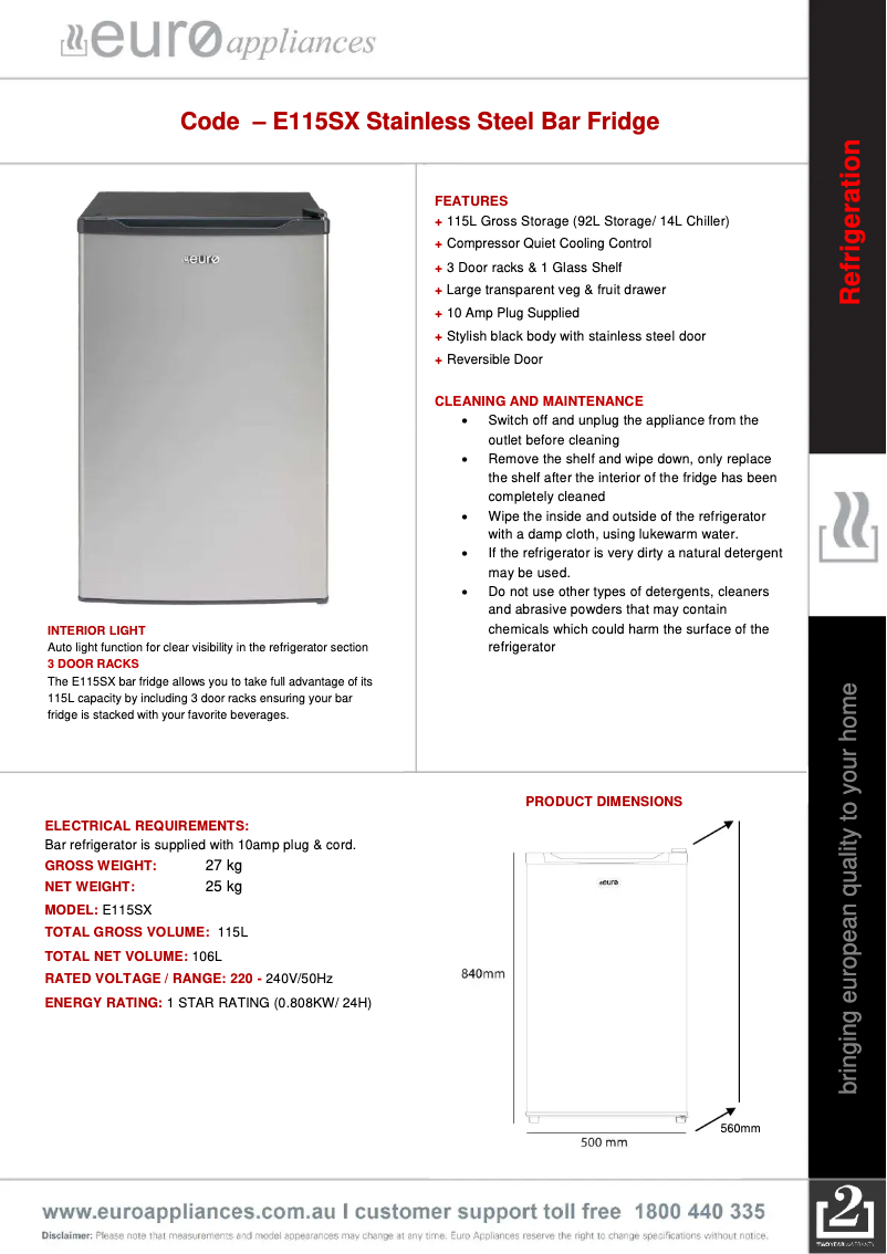 Page 1 of the manual User Manual Euro Appliances E115SX
