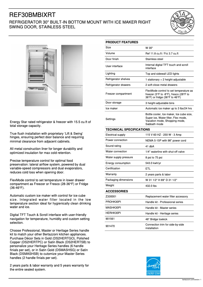 Page 1 of the manual Technical Sheet Bertazzoni REF30BMBIXRT