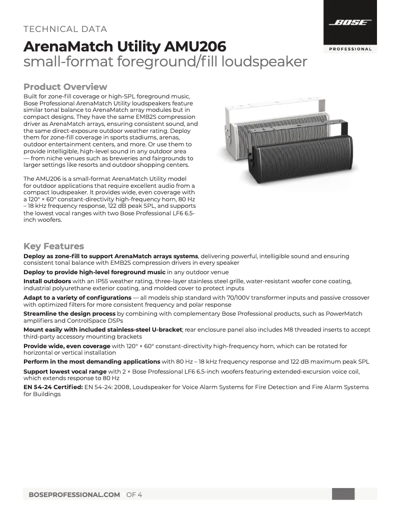 Page 1 of the manual Technical Sheet Bose ArenaMatch Utility AMU206