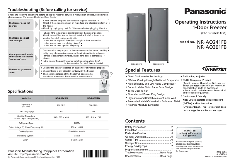 First page image of the manual for NR-AQ301FB