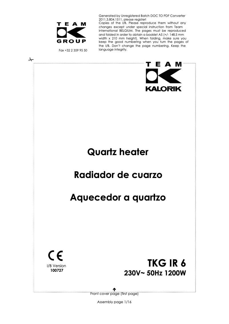 First page image of the manual for TKG IR 6