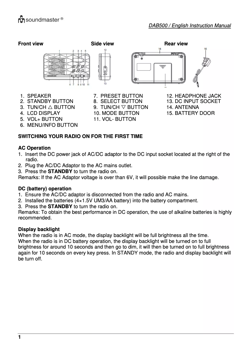 Page 1 of the manual User Manual Soundmaster DAB500