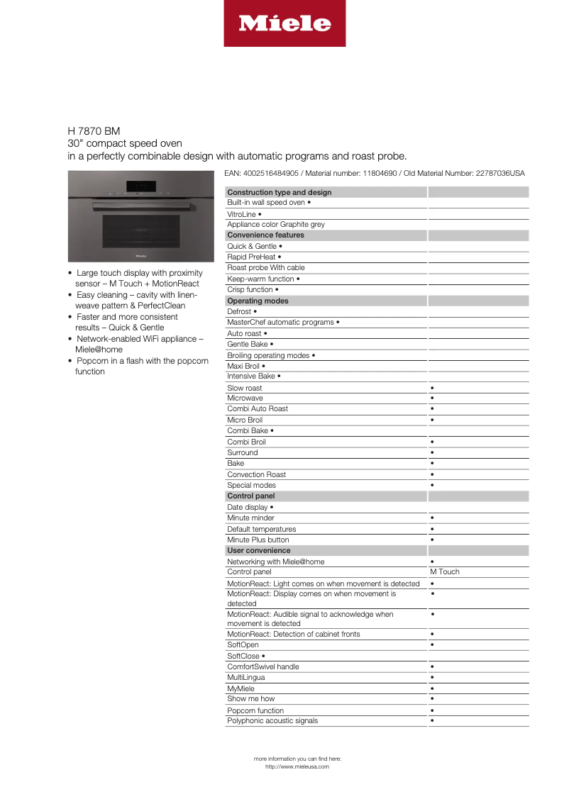 Page 1 of the manual Technical Sheet Miele H 7870 BM