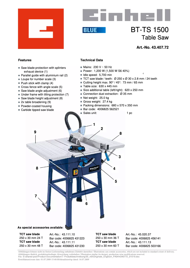 Page 1 of the manual User Manual Einhell BT-TS 1500