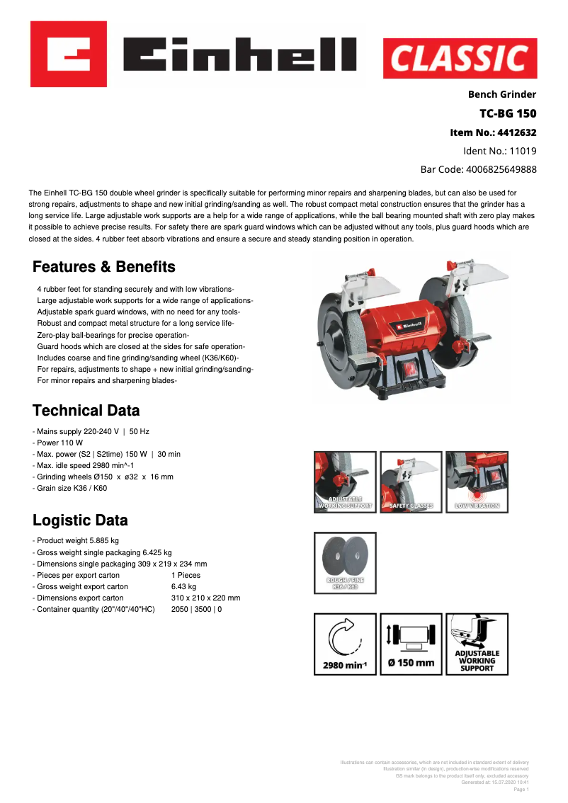 Page 1 of the manual Technical Sheet Einhell TC-BG 150