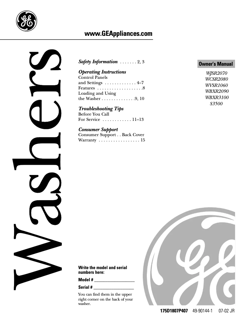 Page 1 of the manual Use and Maintenance Manual GE WBXR3100BWW