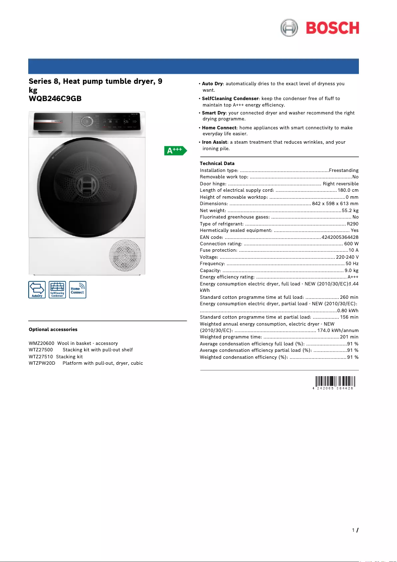 Page 1 of the manual Technical Sheet Bosch WQB246C9GB