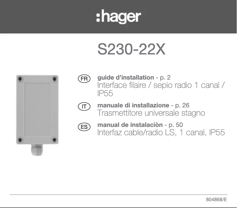 Page 1 of the manual Instructions / Assembly Hager S230-22X