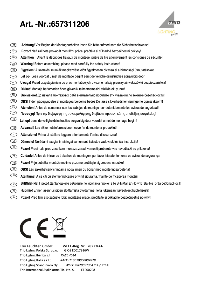 Page 1 of the manual User Manual Trio Lighting Dorian 657311206