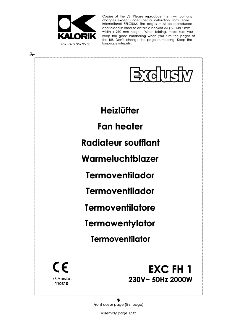 Page 1 of the manual User Manual Kalorik EXC FH 1