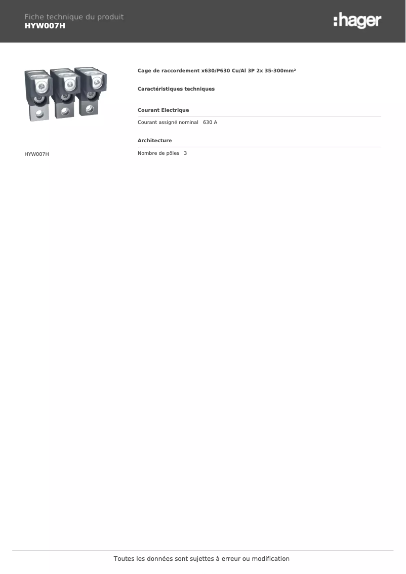 Page 1 of the manual Technical Sheet Hager HYW007H