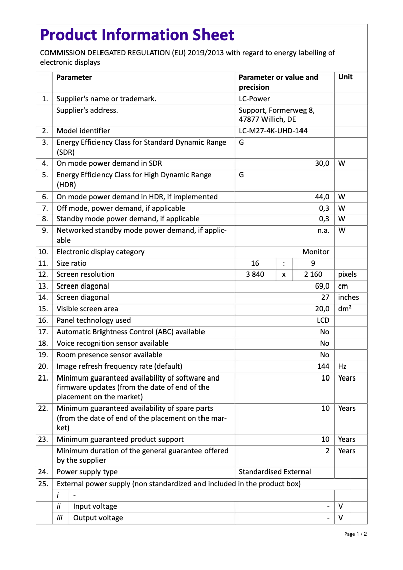 Page 1 of the manual Technical Sheet LC-Power LC-M27-4K-UHD-144