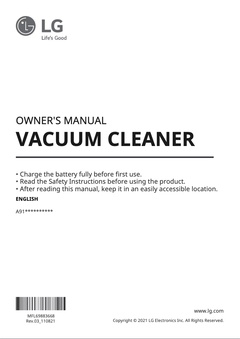 First page image of the manual for CordZero A9 A912PM