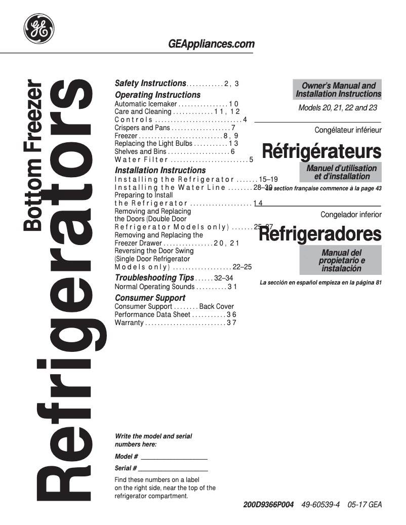 First page image of the manual for GDE20ETEWW