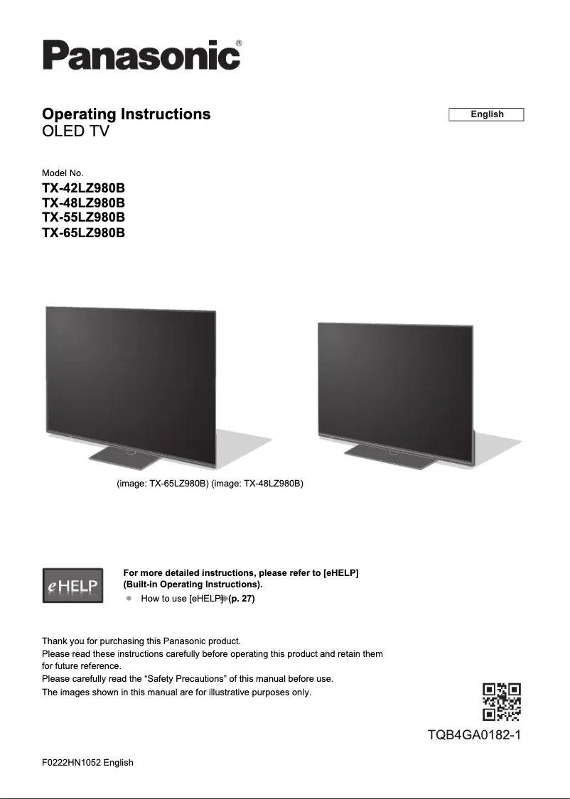 Page 1 of the manual Quick Start Guide Panasonic TX-48LZ980B