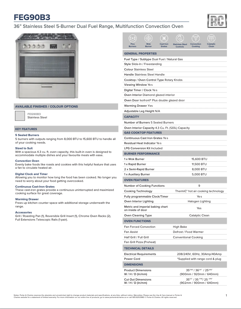 Page 1 of the manual Technical Sheet Porter & Charles FEG90B3