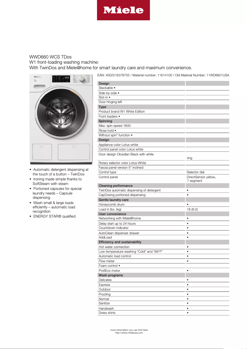Page 1 of the manual Technical Sheet Miele WWD 660 WCS