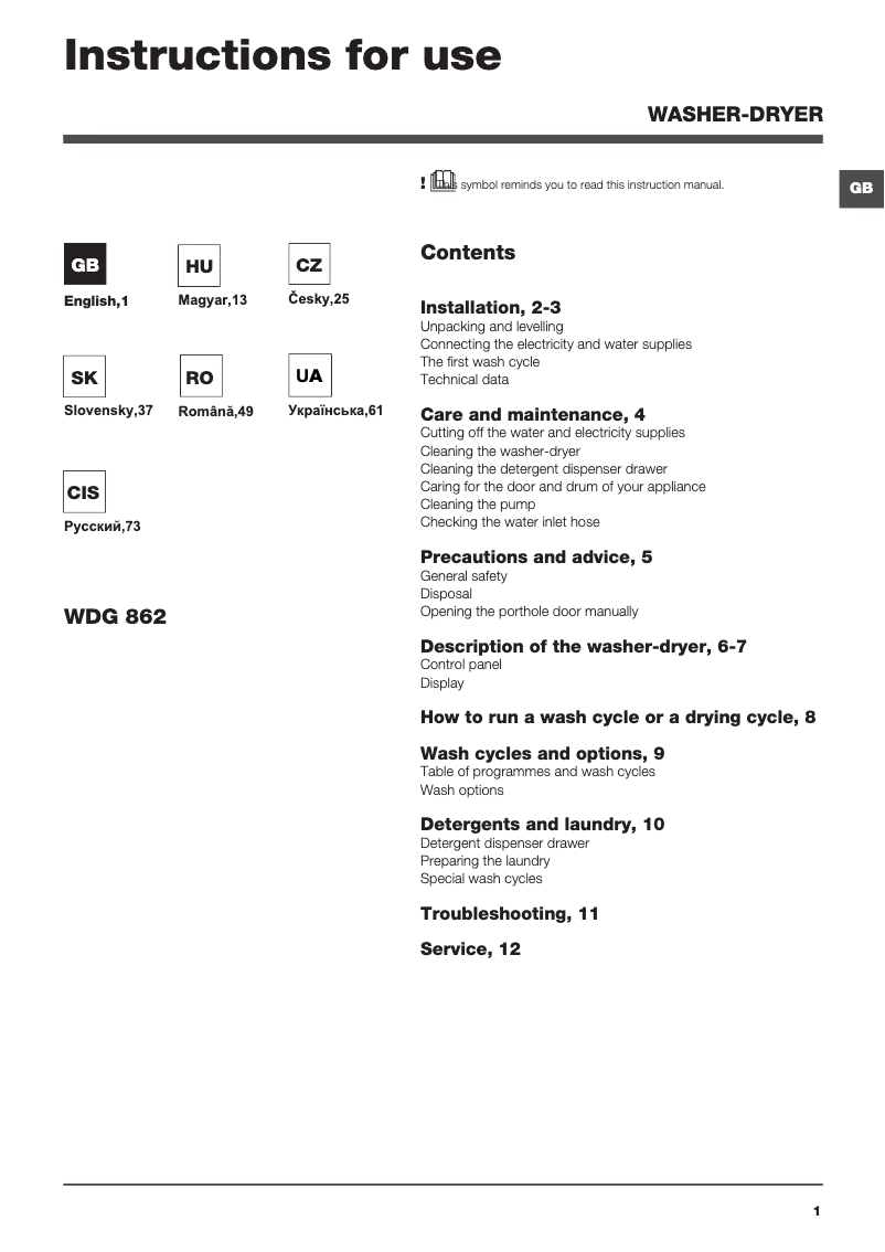Page 1 of the manual User Manual Hotpoint Ariston WDG 862 EU