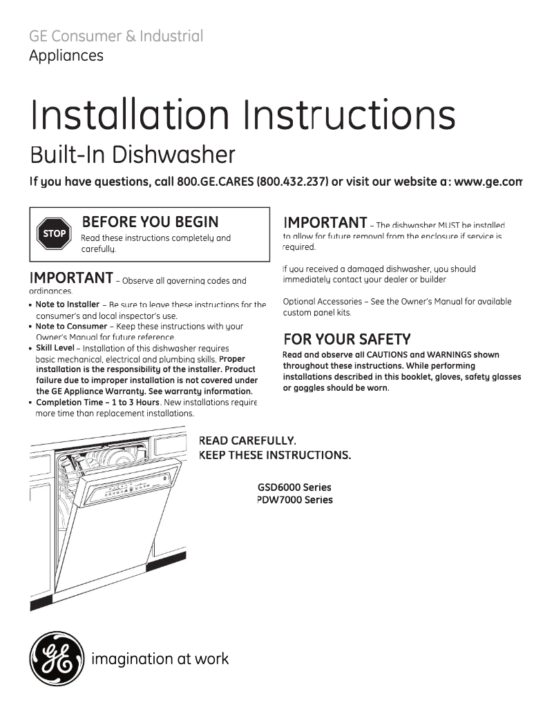 Page 1 of the manual Installation Guide GE Profile PDW7980NSS