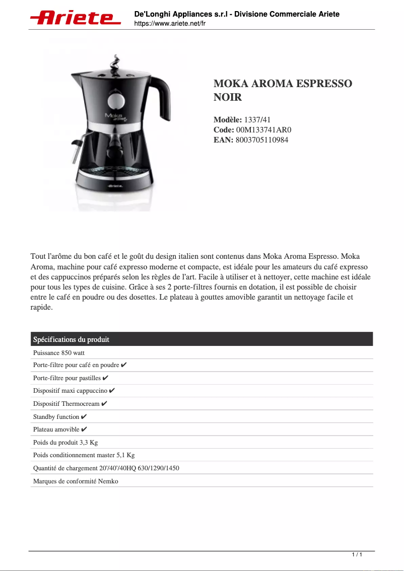 Page 1 of the manual Technical Sheet Ariete 1337