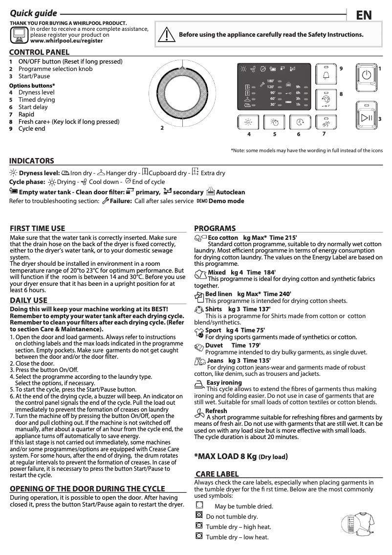 Page 1 of the manual Instruction Manual Whirlpool FT M10 81Y EU