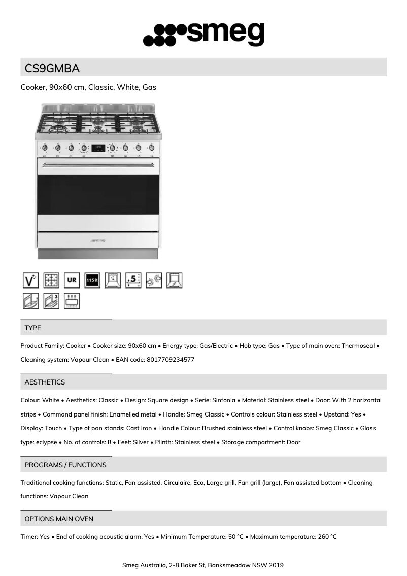 Page 1 of the manual Technical Sheet Smeg CS9GMBA