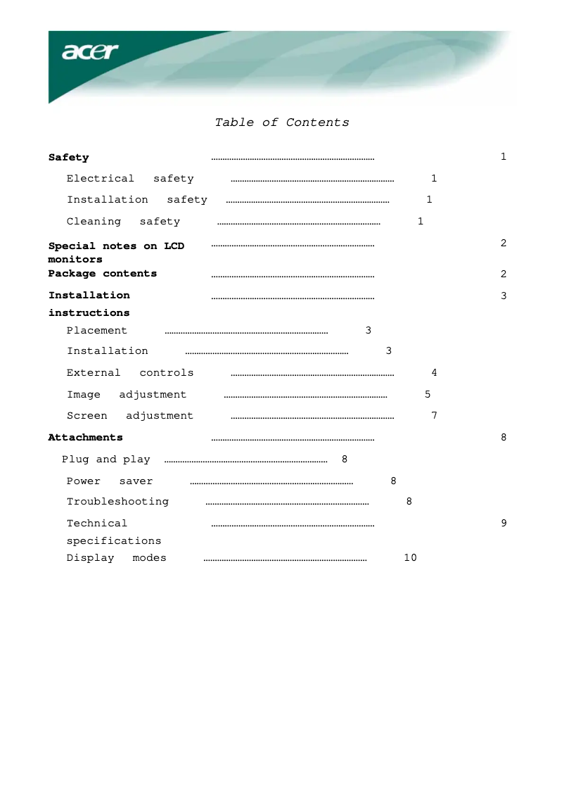 Page 1 of the manual User Manual Acer Value AL2216