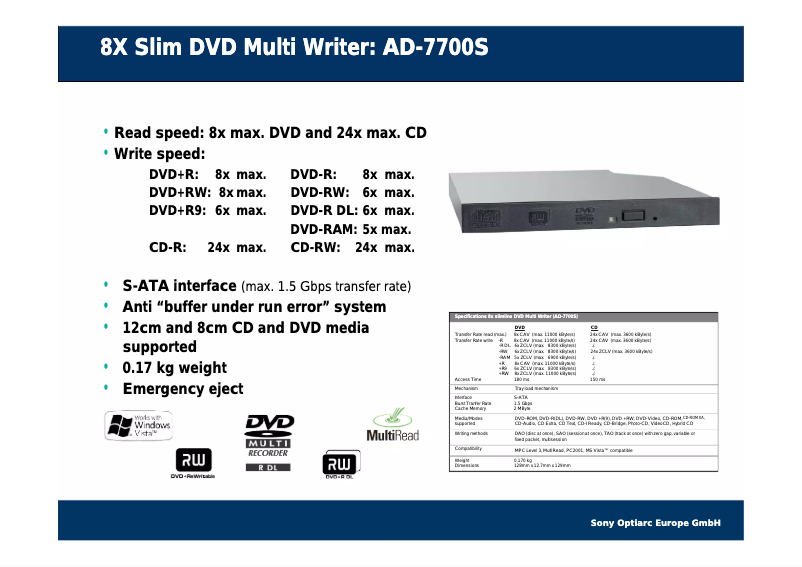 Page 1 of the manual User Manual Sony Optiarc AD-7700S