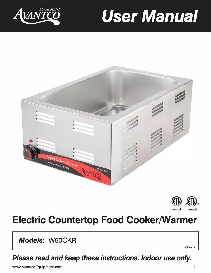 Page 1 of the manual User Manual Avantco W50CKR