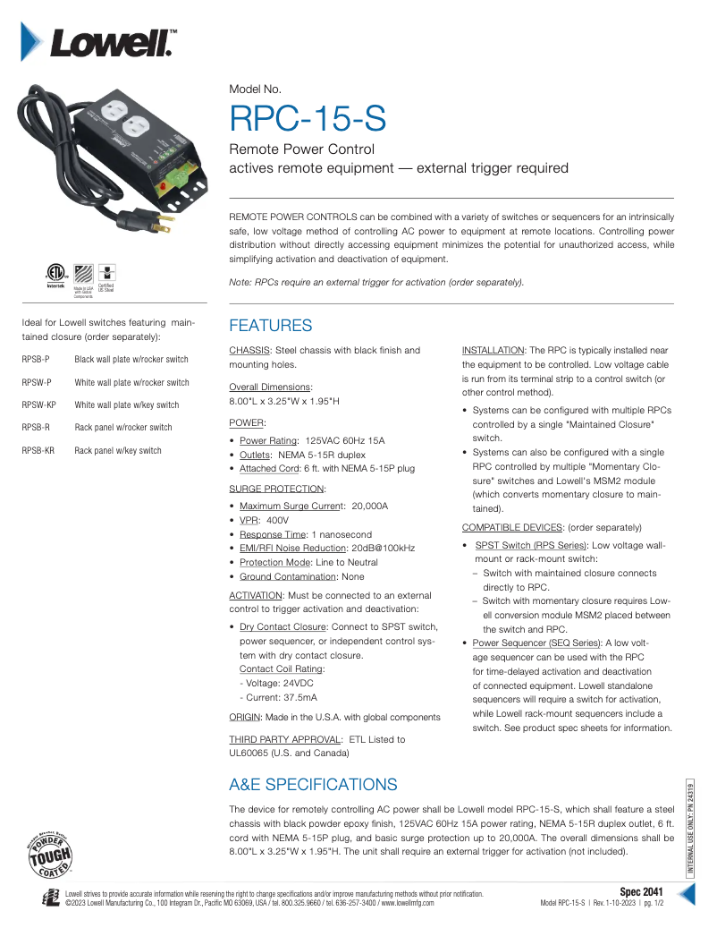 Page 1 of the manual User Manual Lowell RPC-15-S