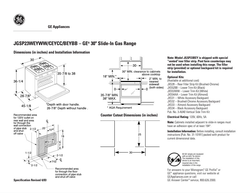Page 1 of the manual Technical Sheet GE JGSP23CEYCC