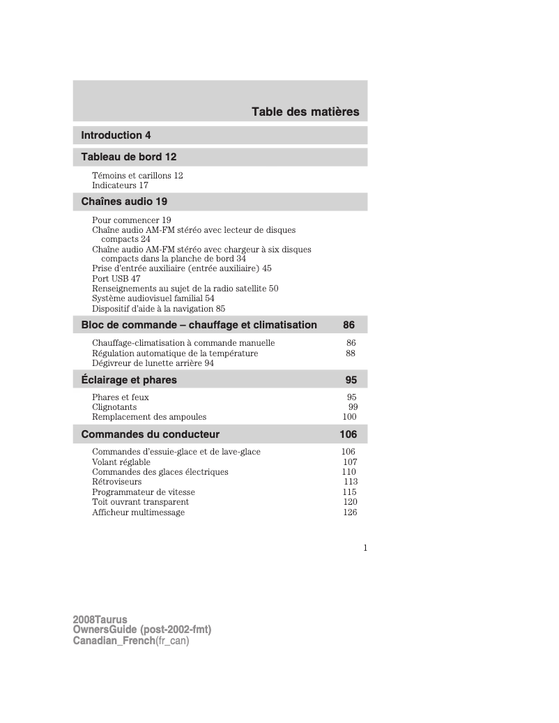 Page 1 of the manual User Manual Ford Taurus (2008)
