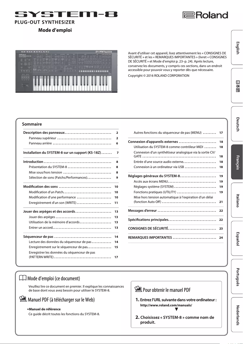 Page 1 of the manual User Manual Roland SYSTEM-8