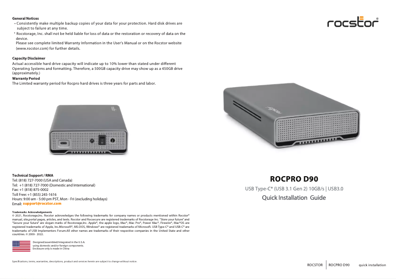 Page 1 of the manual Quick Start Guide Rocstor Rocpro D90
