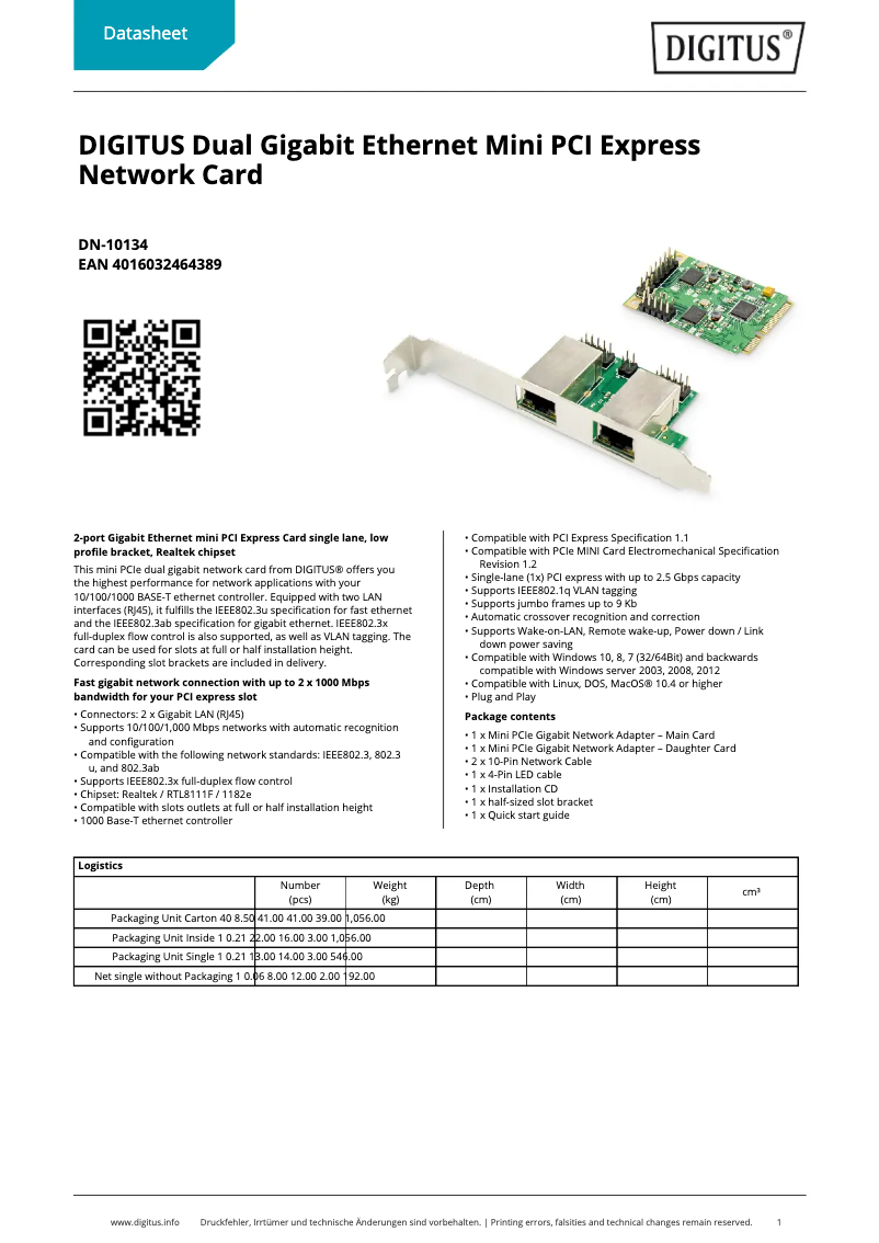 Page 1 of the manual Technical Sheet Digitus DN-10134