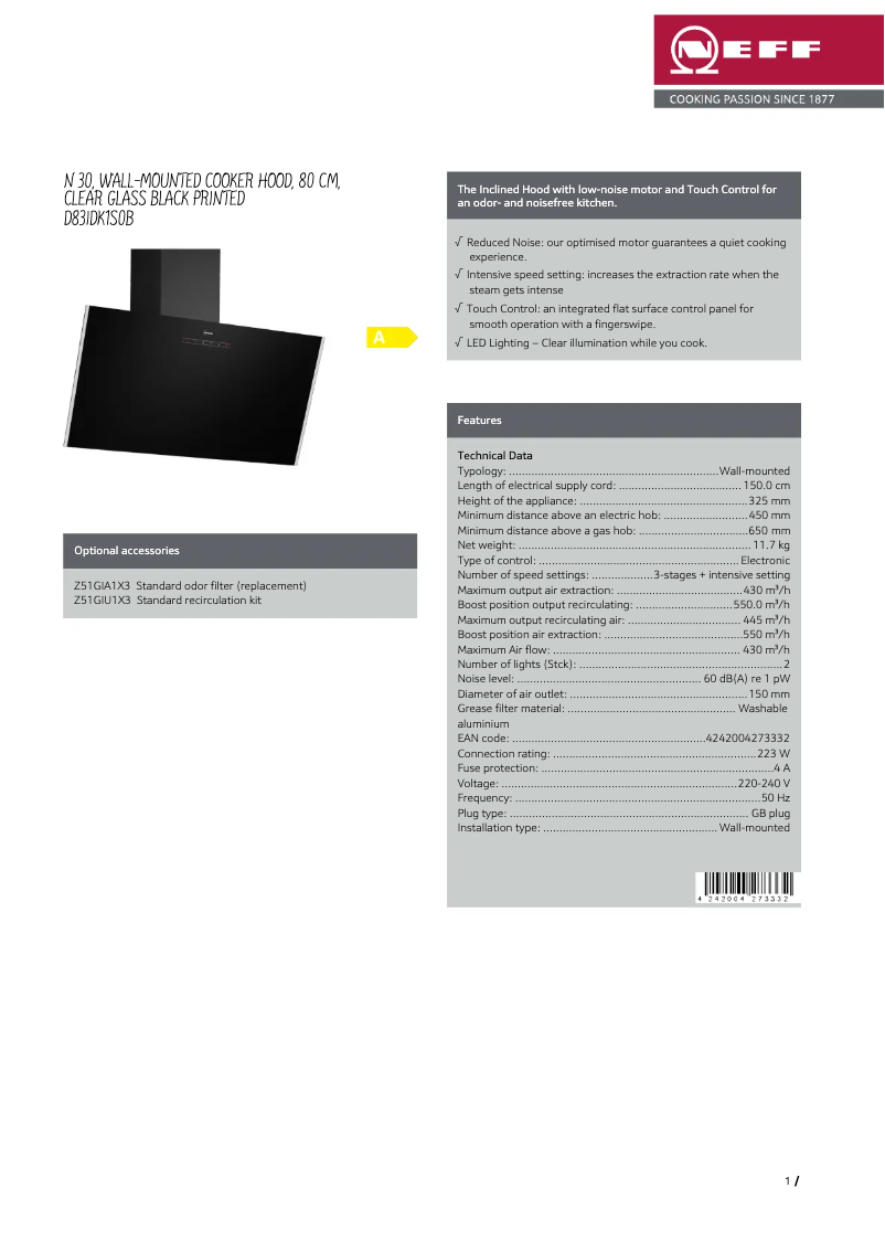 Page 1 of the manual Technical Sheet Neff D83IDK1S0B