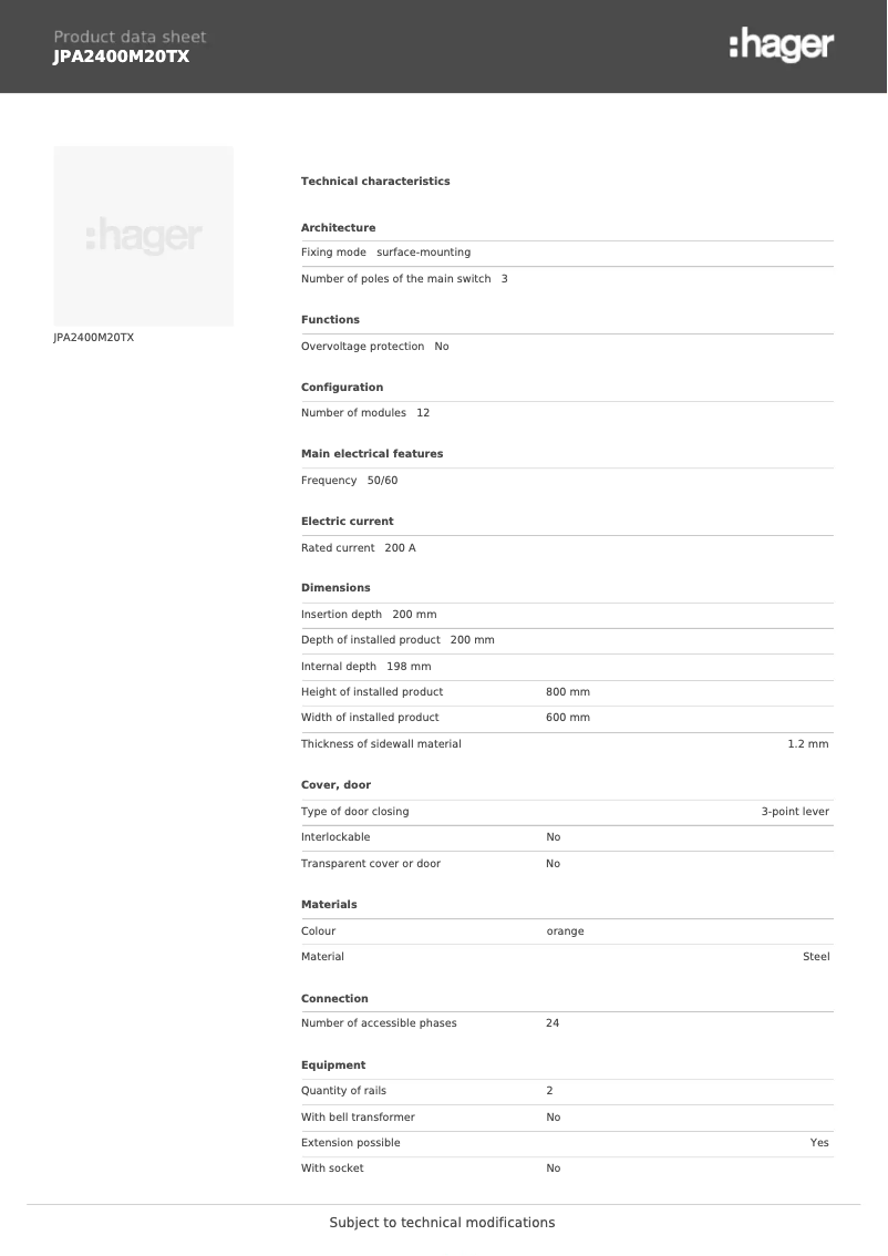 Page 1 of the manual Technical Sheet Hager JPA2400M20TX