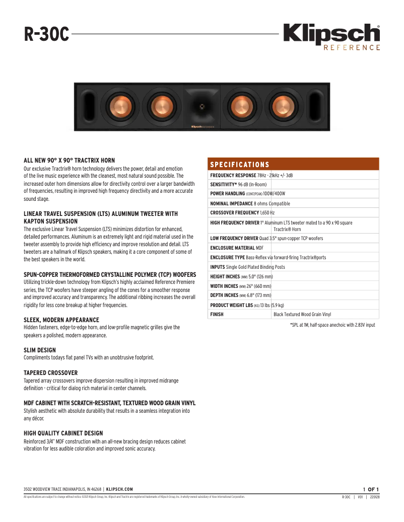 Page 1 of the manual Technical Sheet Klipsch R-30C