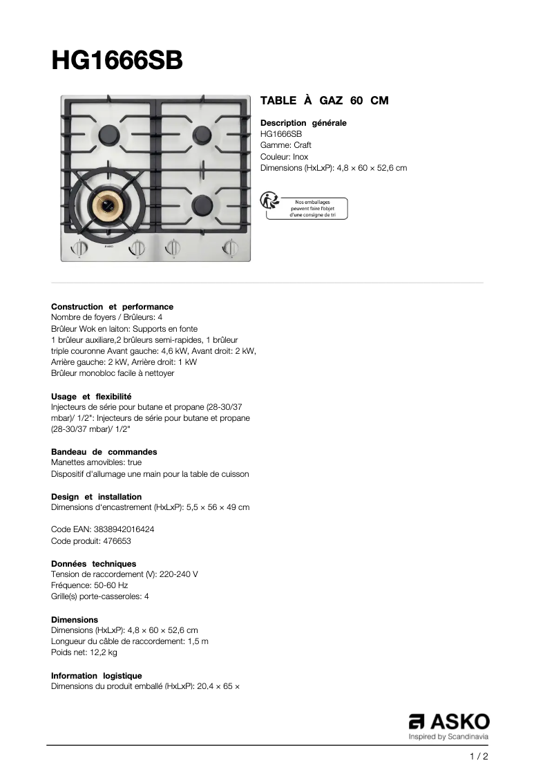 Page 1 of the manual Technical Sheet Asko HG1666SB