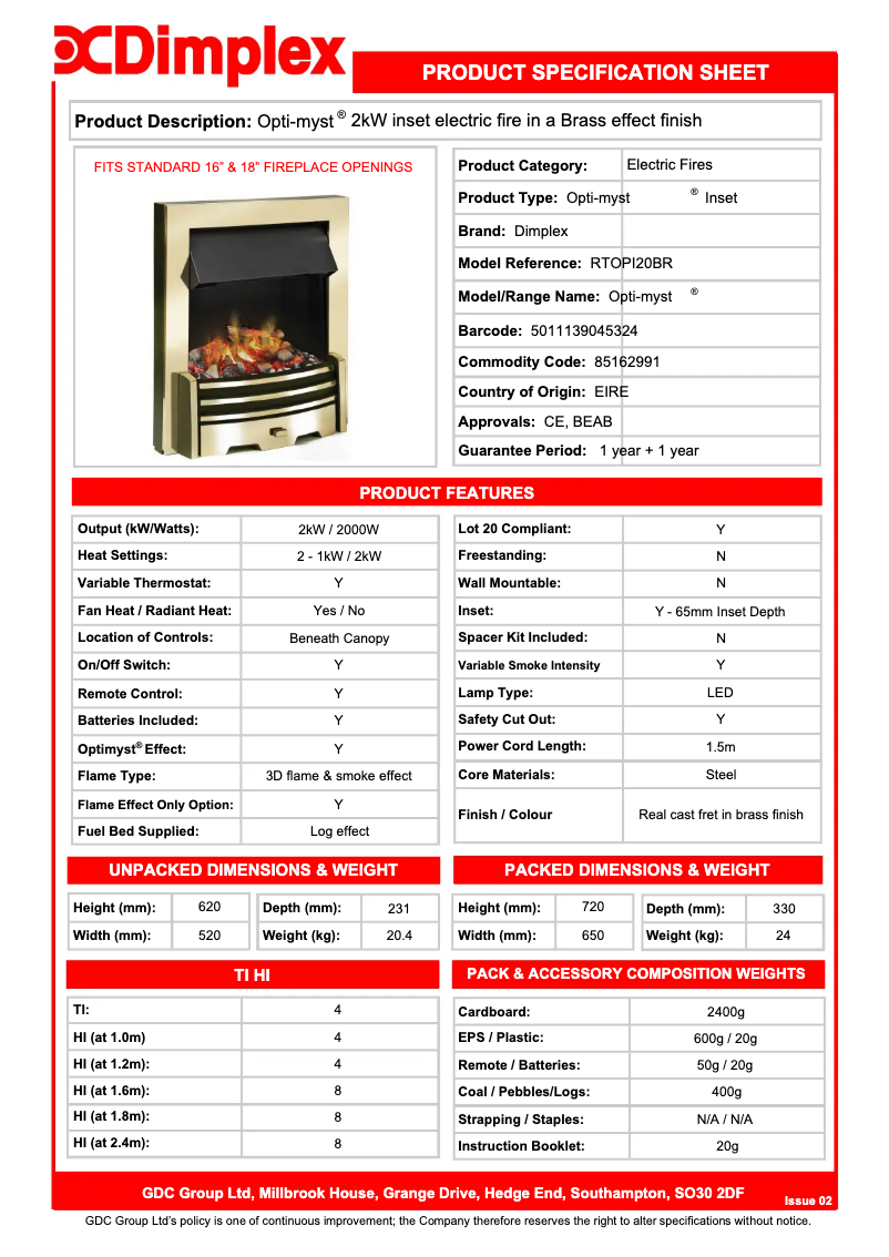 Page 1 of the manual Technical Sheet Dimplex RTOPI20BR