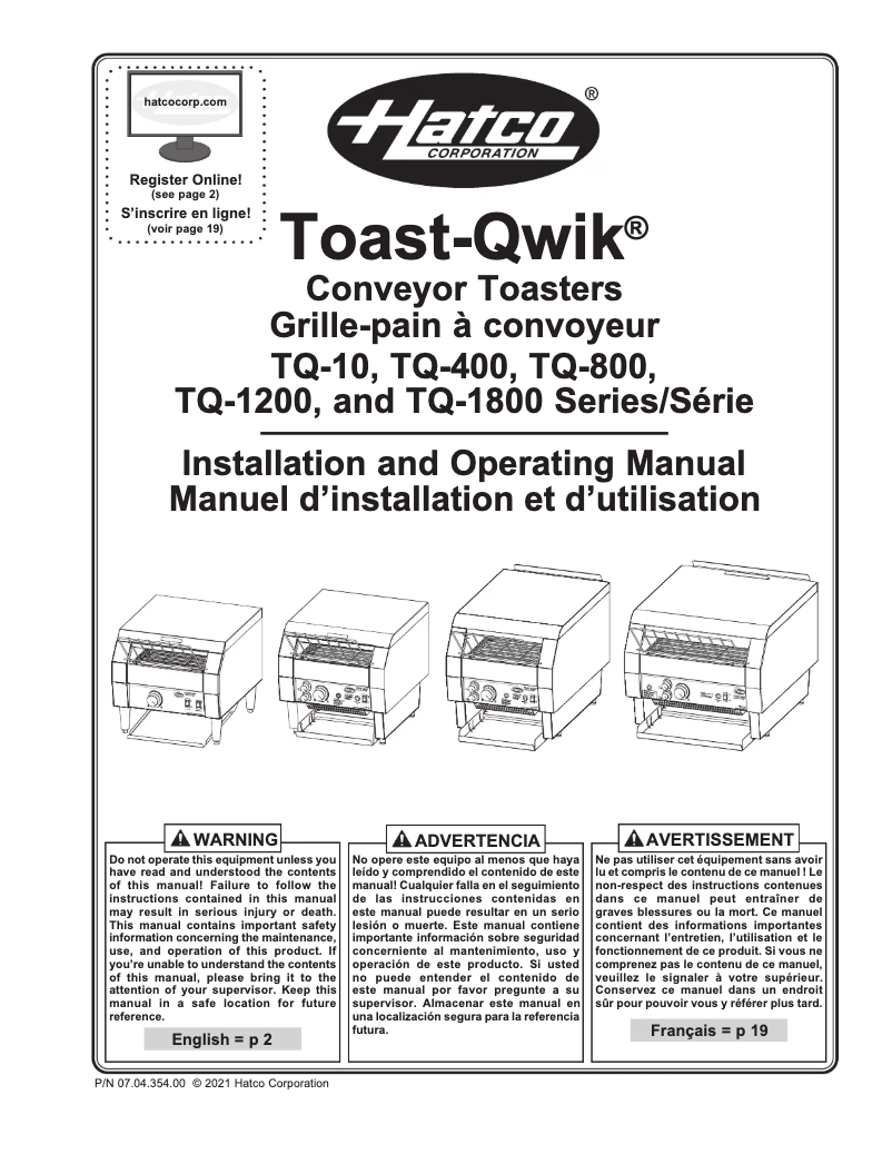 Page 1 of the manual User Manual Hatco Toast-Qwik TQ-400