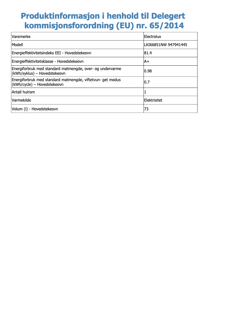Page 1 of the manual Technical Sheet Electrolux LKI66851NW