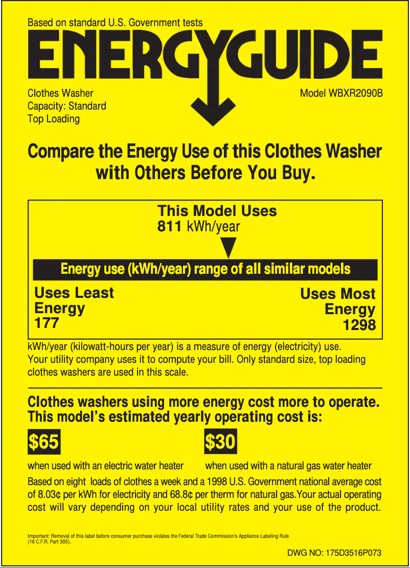 Page 1 of the manual Energy Label GE WBXR2090BWW